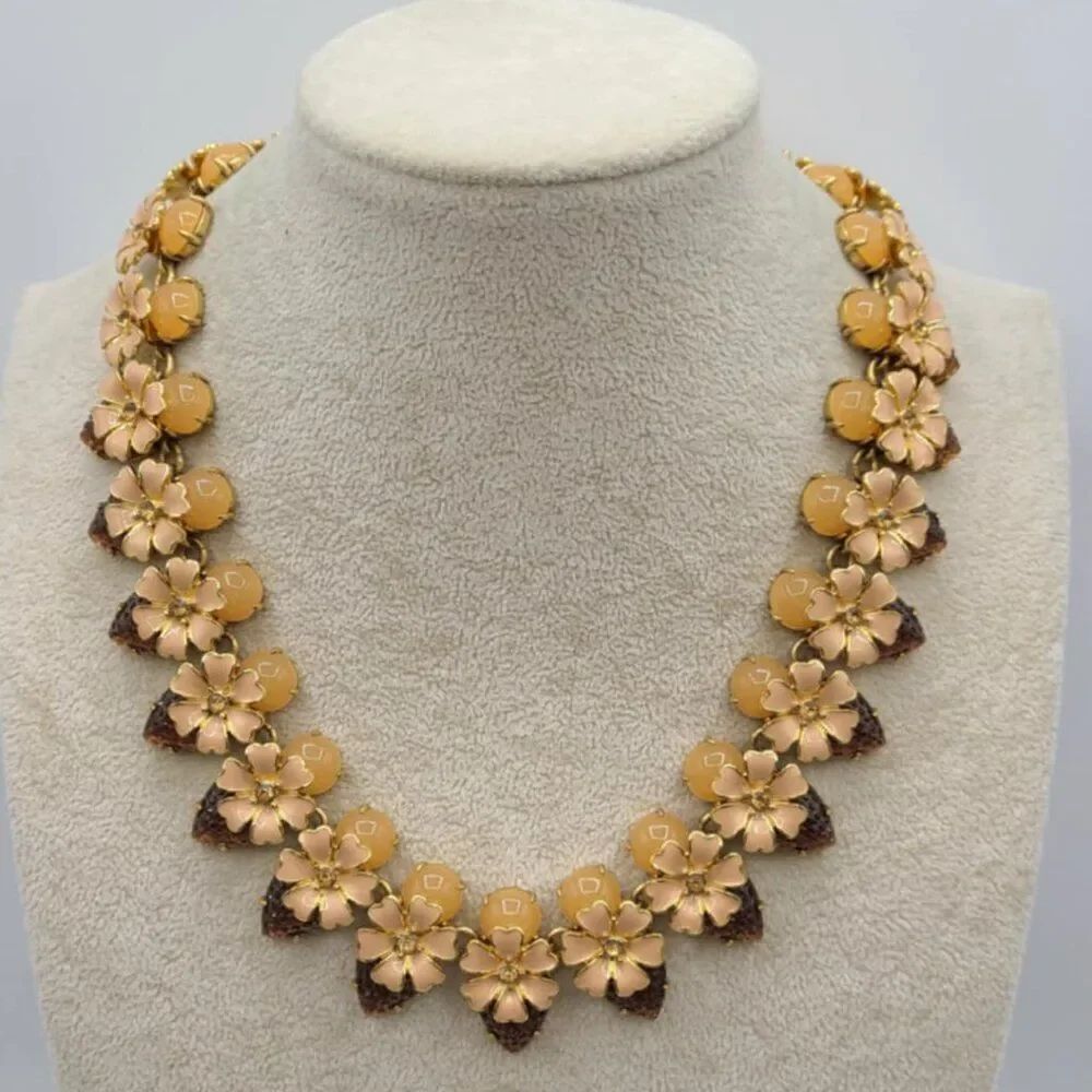 J Crew Pink Peach Carved Amber Stone Enamel Strawberry Flower Statement Necklace